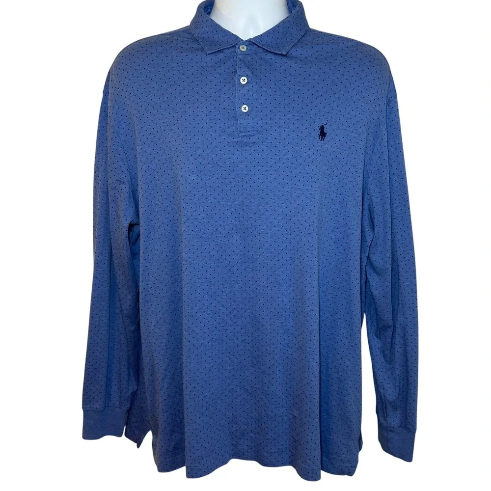 Polo Ralph Lauren Mens XL Blue Polka Dot Long Sleeve Classic Fit Polo Shirt